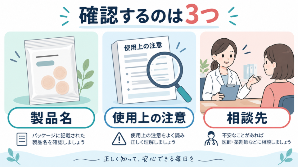製品名、使用上の注意、相談先の三つの確認項目