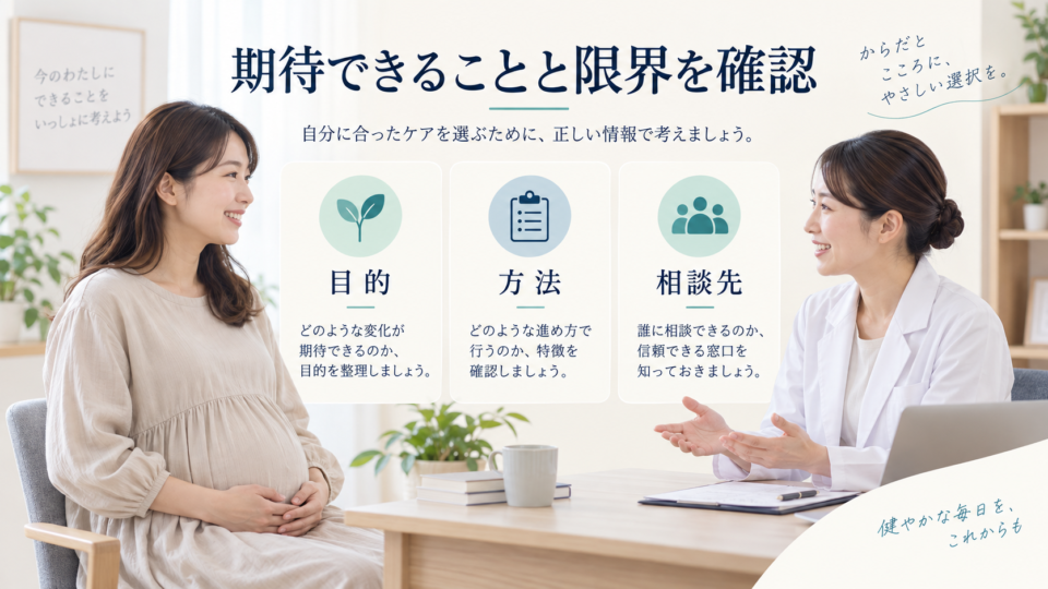 目的、方法、相談先について説明を受ける妊娠中の女性