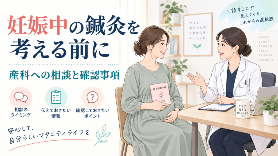 妊娠中の女性が母子健康手帳を持って医療者へ相談するイメージ