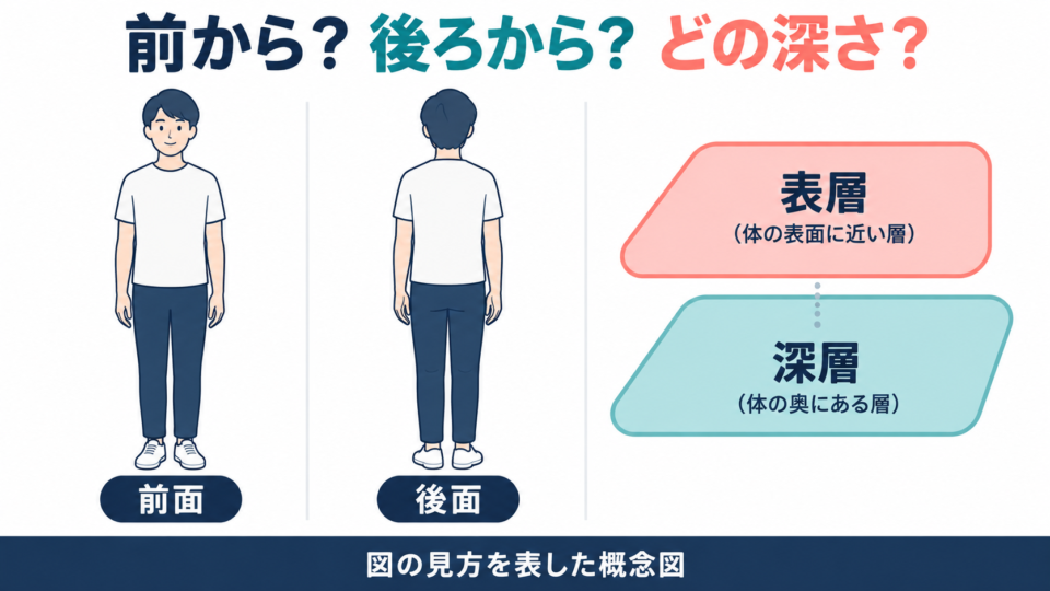 前面と後面、表層と深層の見方を示した概念図