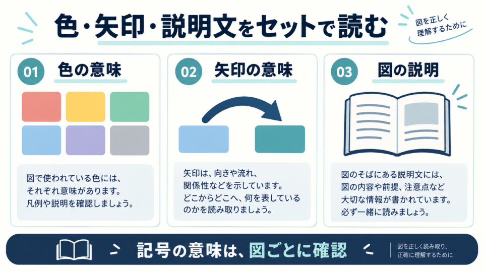 色、矢印、図の説明を合わせて確認する三つの視点