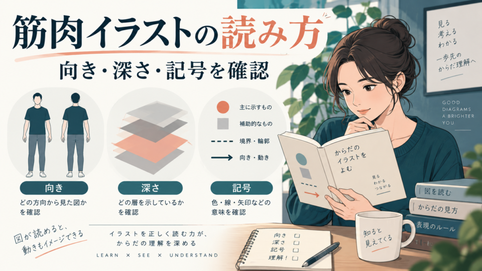 向き、深さ、記号を確認しながら体のイラストを読む人