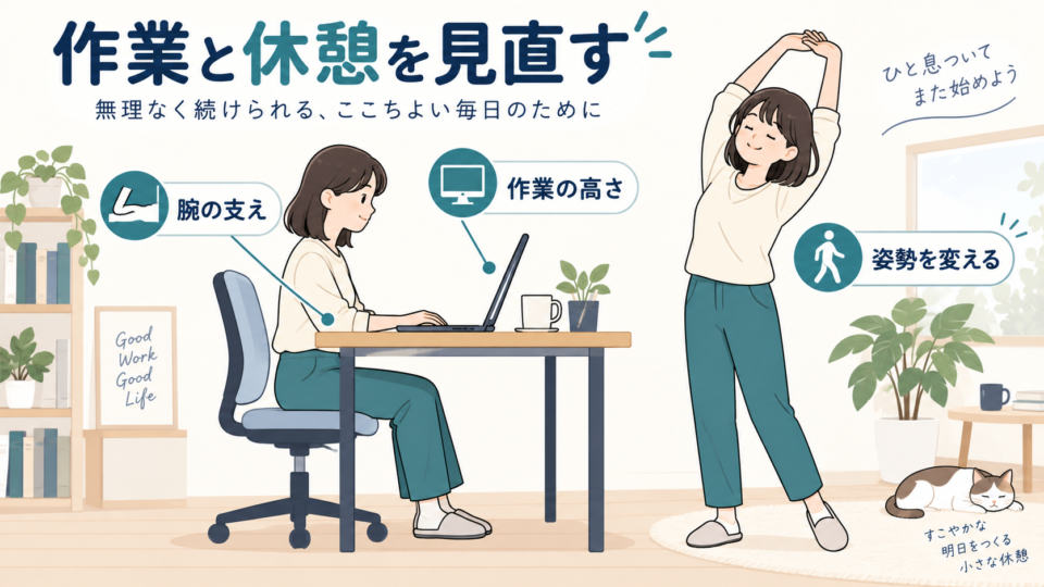 腕の支えや作業の高さを確認し、休憩で姿勢を変える例