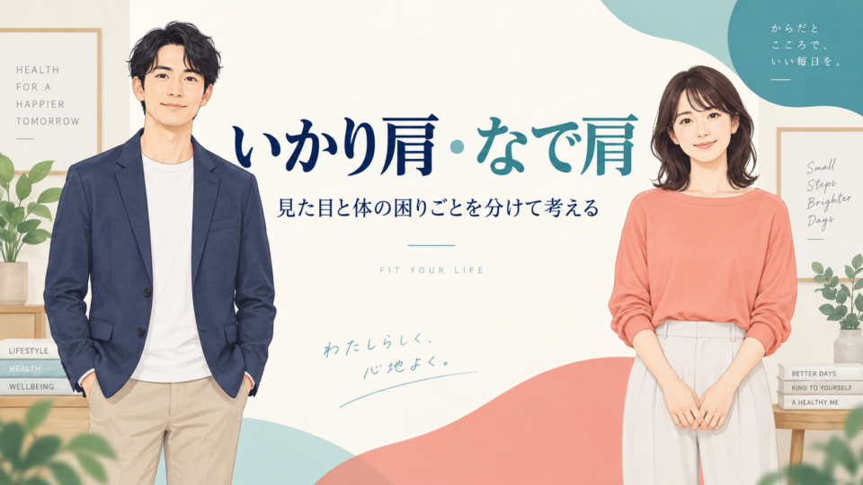 自然に立つ男女と、いかり肩・なで肩の見方を示す表紙