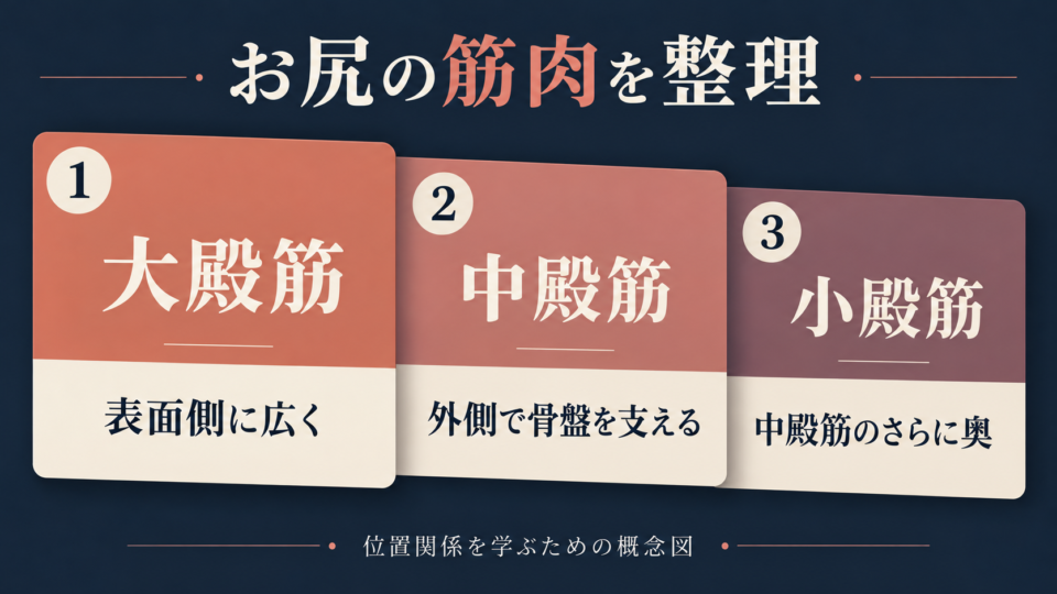 大殿筋、中殿筋、小殿筋の位置関係を整理した三枚の学習カード