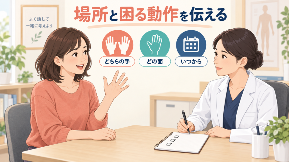 手の場所と困る動作を医療者に伝える女性