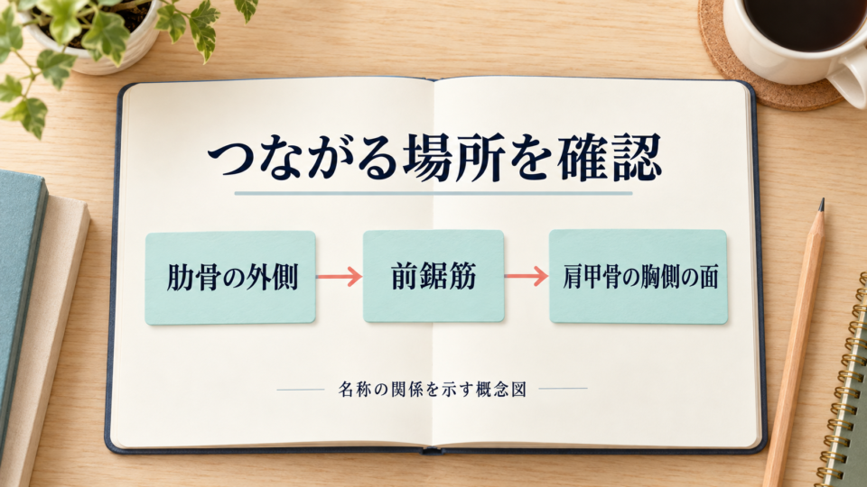肋骨の外側、前鋸筋、肩甲骨の胸側の面という名称の関係