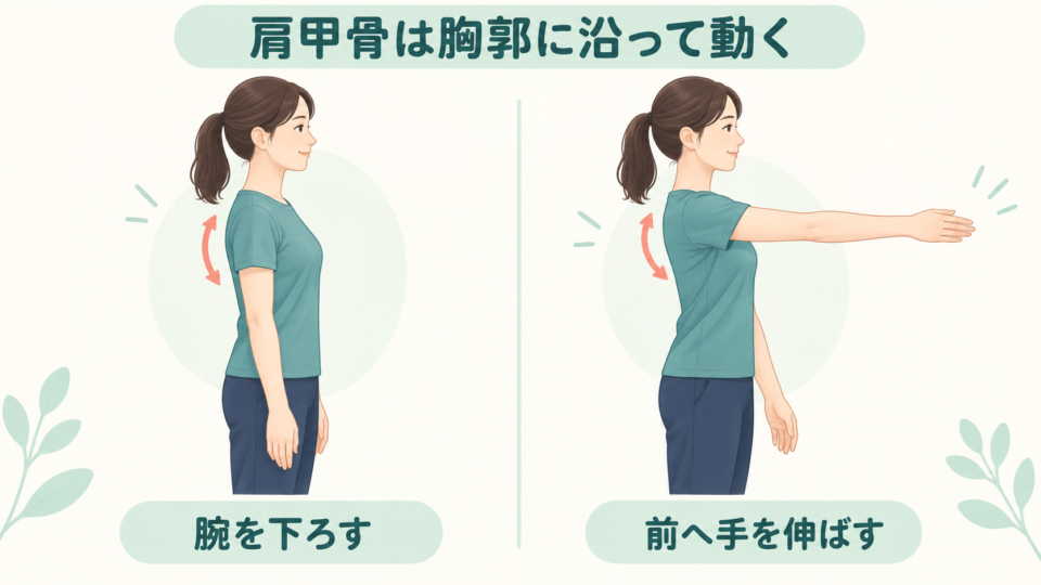 腕を下ろした姿勢と、前へ手を伸ばした姿勢の比較
