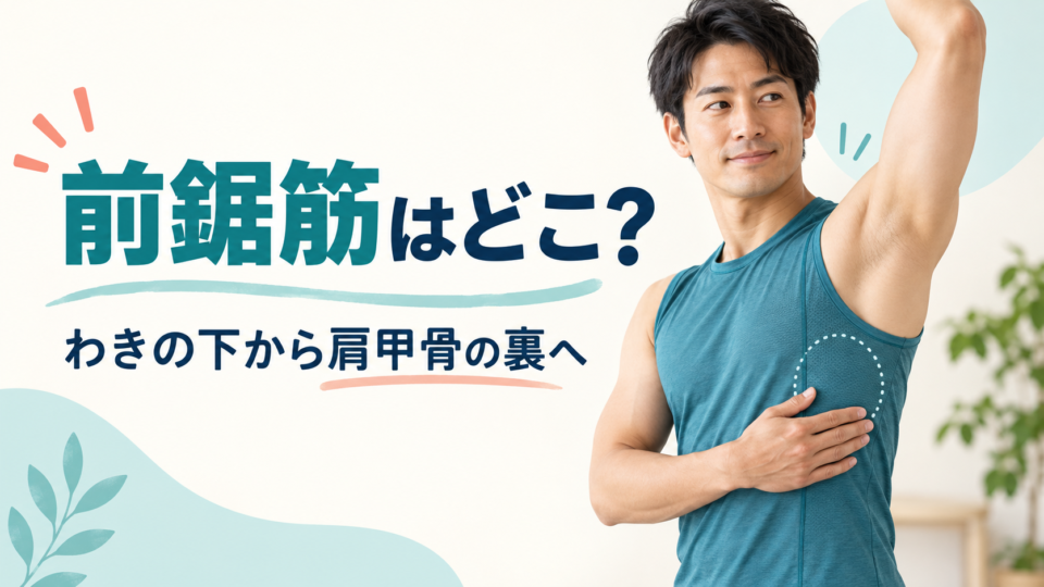 わきの下から胸の側面を示す男性と、前鋸筋の場所の説明