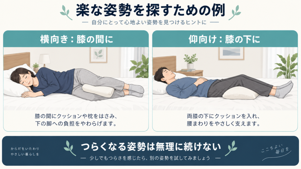 横向きで膝の間、仰向けで膝の下をクッションで支える例