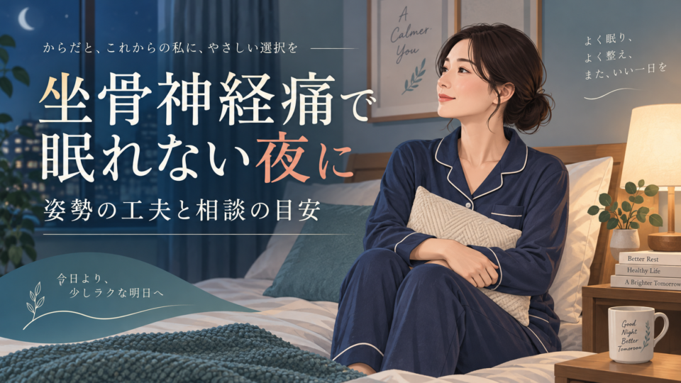 夜の寝室でクッションを持ち、休み方を考える女性