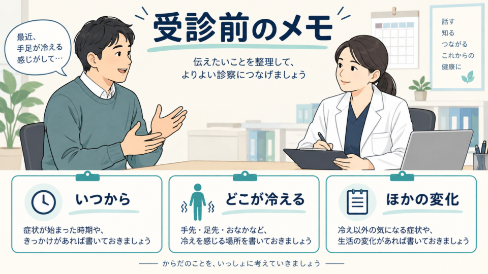 冷えが始まった時期、場所、ほかの変化を医療者へ伝える男性