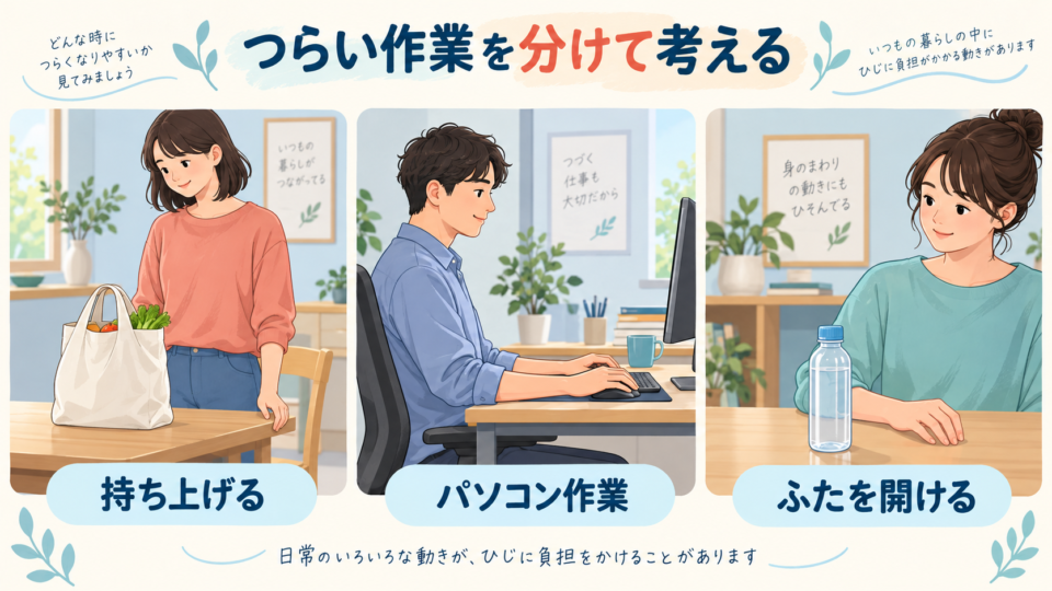 荷物を持つ、パソコン作業、ふたを開ける場面を分けた図