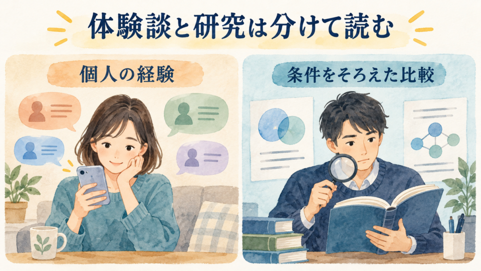 個人の体験と条件をそろえた研究の比較を別々に読むイメージ