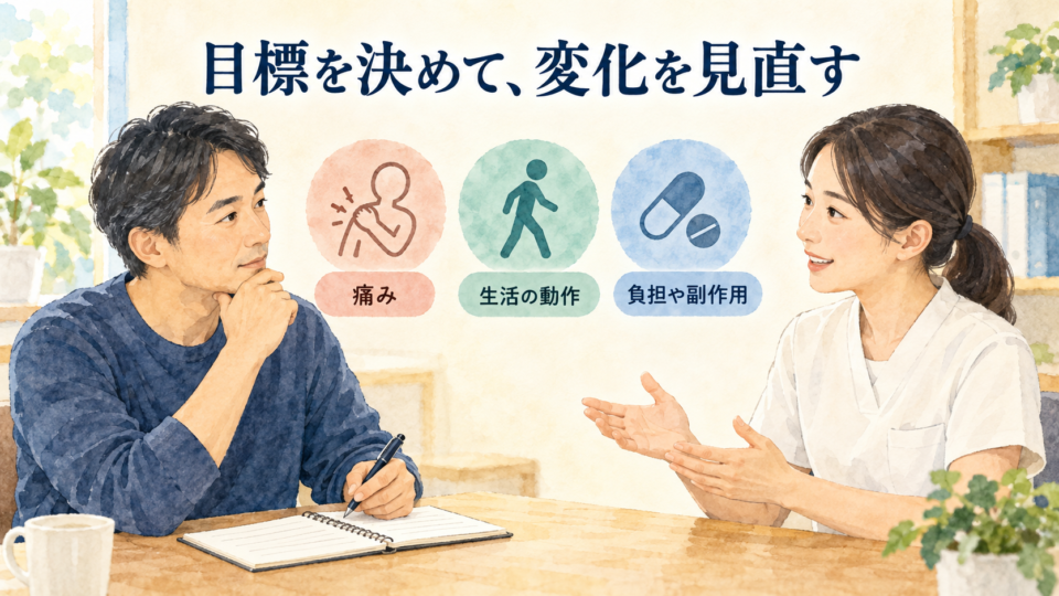 痛み、生活動作、負担や副作用について相談しながら目標を見直すイメージ
