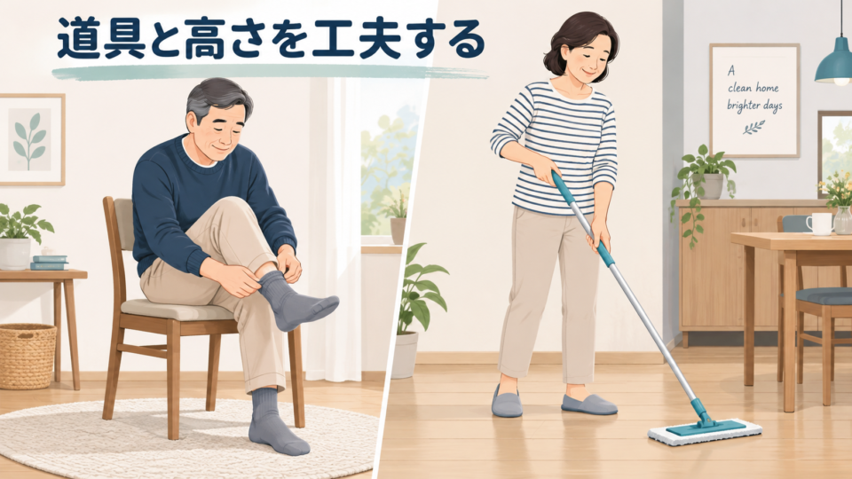 椅子での靴下の着脱と、長い柄の掃除道具を使う例