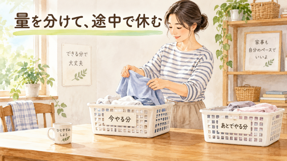 台の上で洗濯物を小分けにし、作業量を調整する例