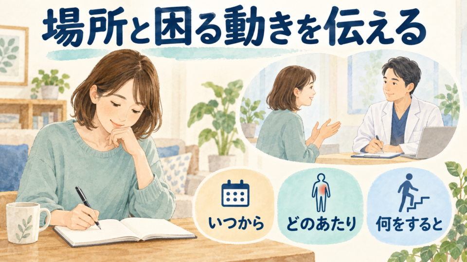 気になる場所や困る動きをメモして医療機関に伝える例