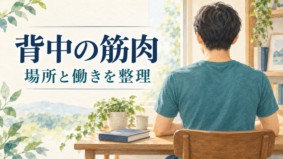 机に座る男性の後ろ姿と、背中の筋肉の場所と働きを整理する表紙