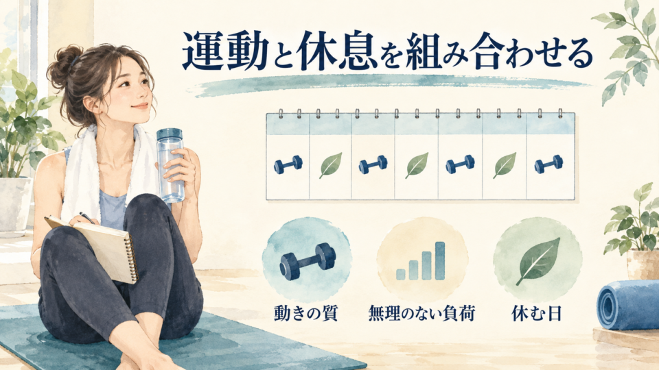 運動後に記録をつける女性と、運動と休息を組み合わせる予定のイメージ