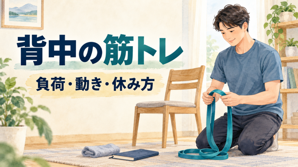 運動用バンドを準備する男性と、背中の筋トレの負荷・動き・休み方を扱う表紙