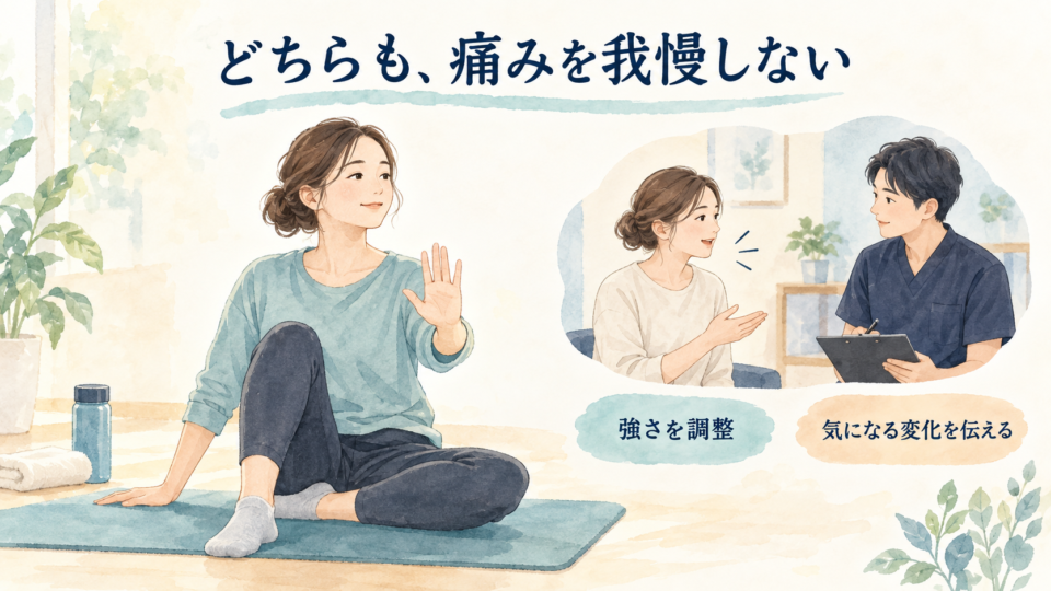 運動をいったん止める女性と、気になる変化や刺激の強さを相談する場面
