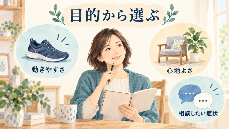 動きやすさ、心地よさ、相談したい症状を整理して方法を考える女性