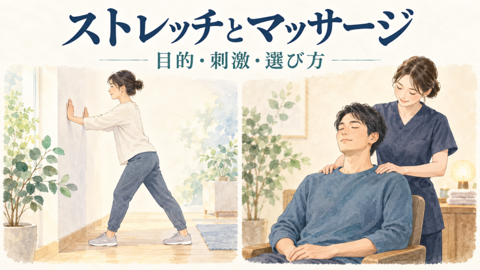 壁を使ったストレッチと、座って肩へのマッサージを受ける場面の比較
