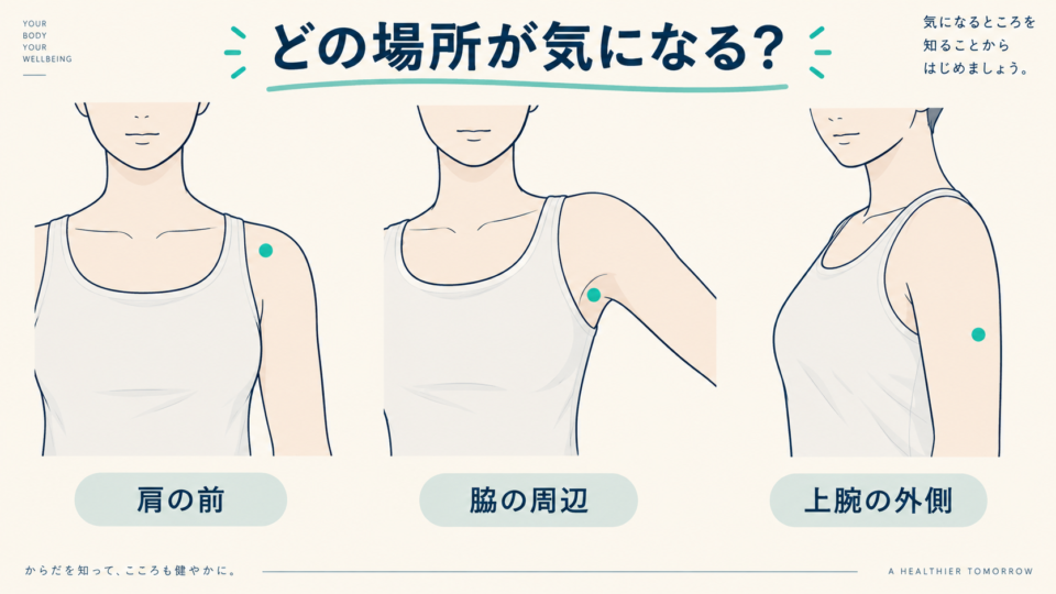 肩の前、脇の周辺、上腕の外側という表面の位置を示す模式図