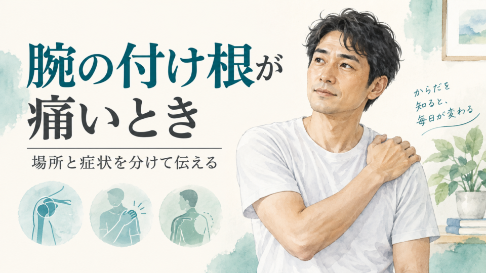 腕の付け根に手を添える男性と、場所と症状の伝え方を示す表紙