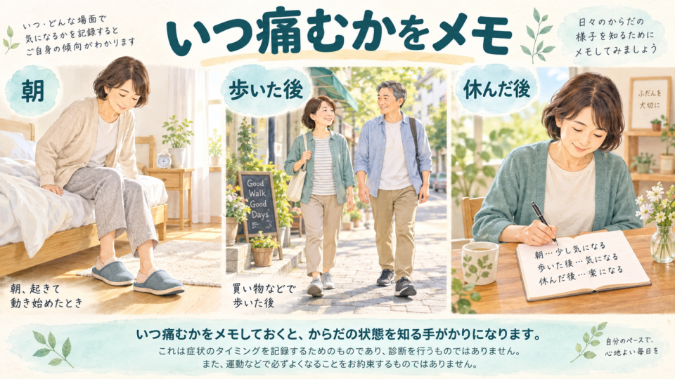 朝・歩いた後・休んだ後の足の状態をメモする例