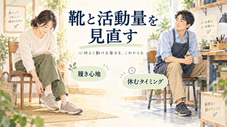 靴の履き心地を確認する女性と、仕事の途中で座って休む男性