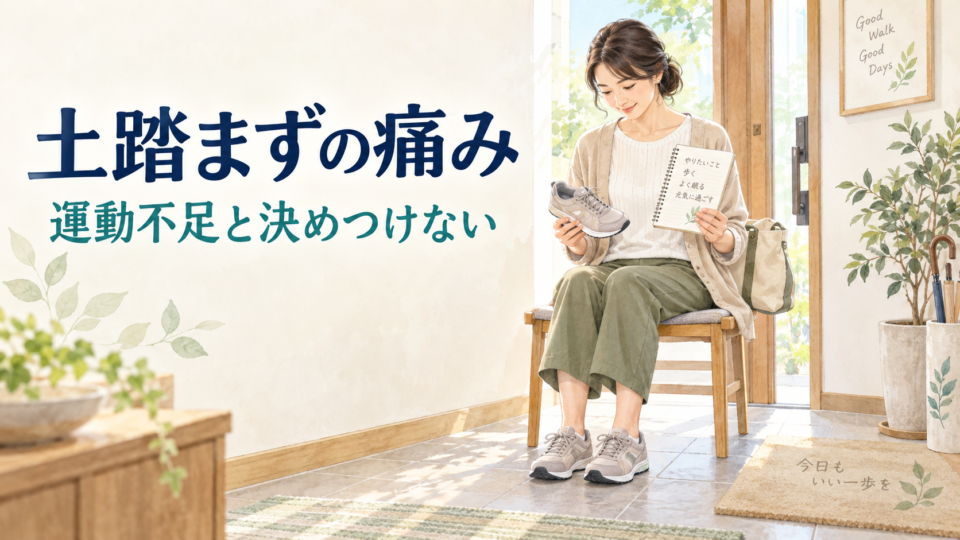椅子に座り靴と活動メモを確認する女性と、土踏まずの痛みを扱う表紙