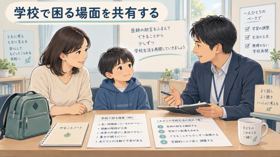 学校で困る場面や医師の助言について、親子と教師が相談する様子