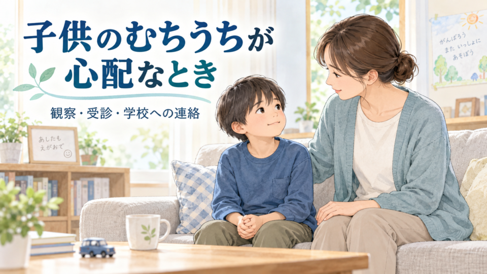 事故後の子供の様子を聞く保護者と、むちうちの確認点を示す表紙