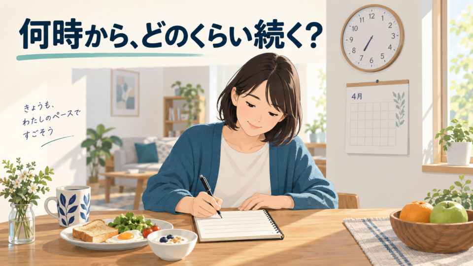朝の症状と続く時間をノートに記録する女性