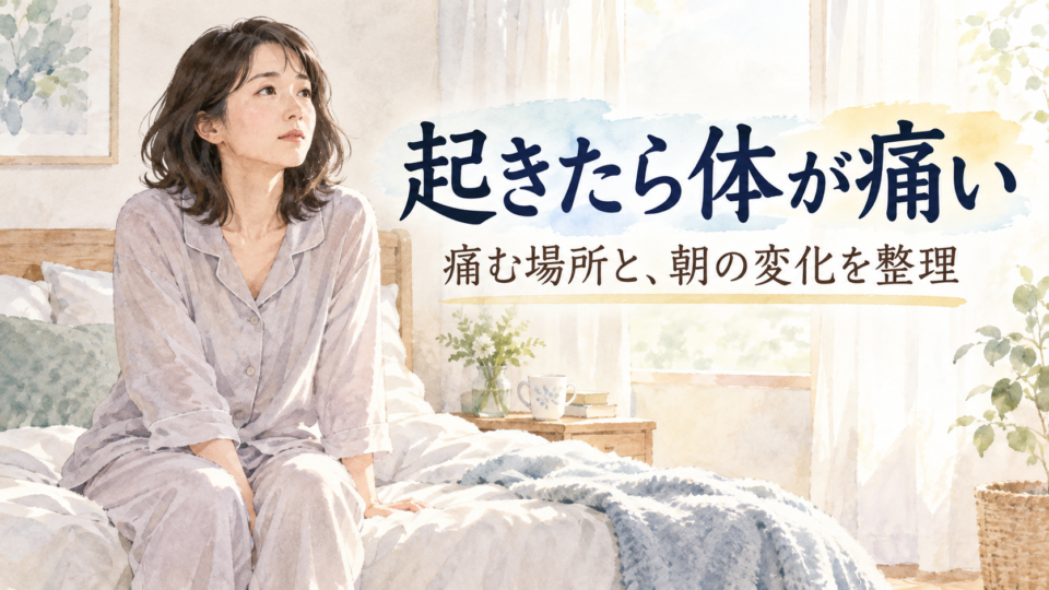 朝にベッドの端へ座る女性と、起床時の体の痛みを整理する表紙
