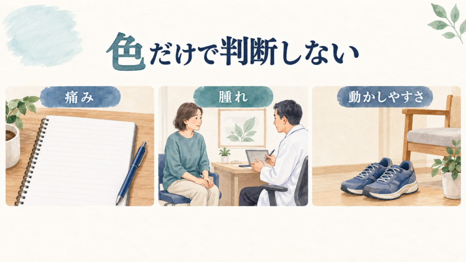 痛み・腫れ・動かしやすさを記録して医療機関へ相談するイメージ