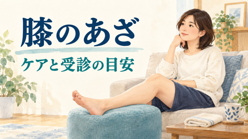 膝に負担の少ない姿勢で休む女性と、膝のあざのケアを扱う表紙