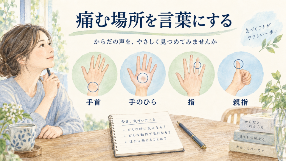 手首、手のひら、指、親指を分けて痛む場所を伝える図