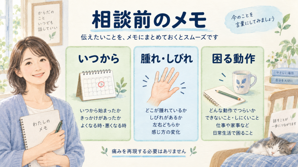 いつから、腫れとしびれ、困る動作を相談メモにまとめる図