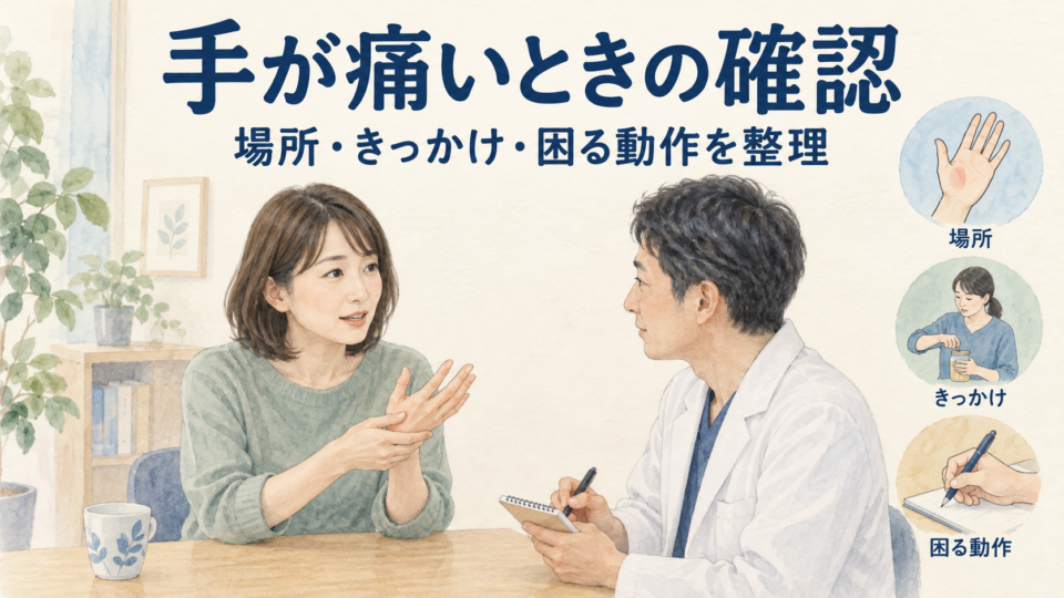 手の痛む場所や困る動作を医療者に伝える女性