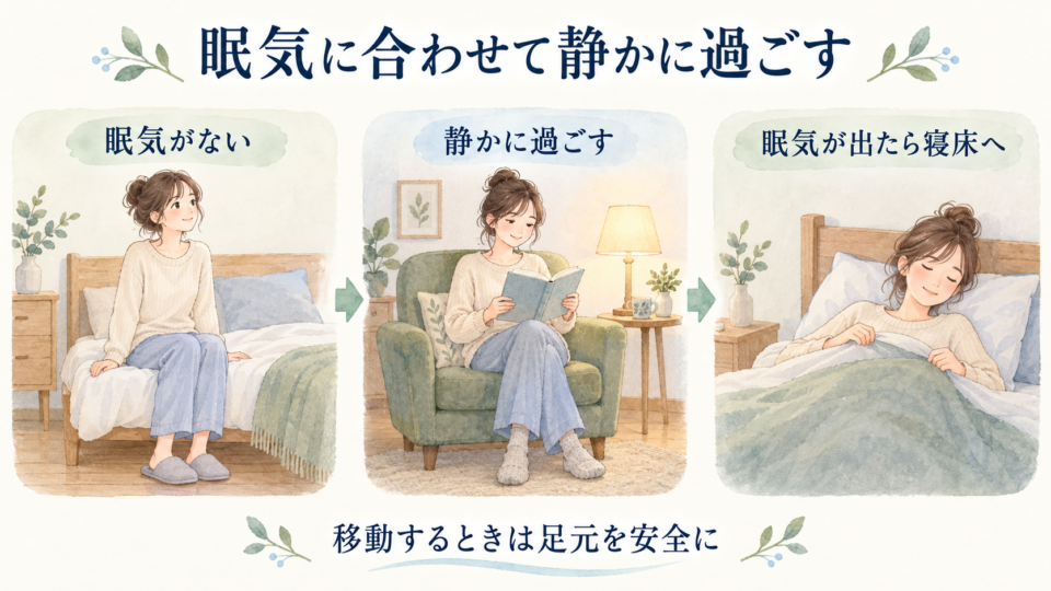 眠気がないときに静かに過ごし眠気が出てから寝床へ戻る流れ