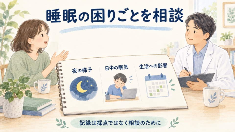 睡眠の様子と日中の困りごとを医療者に相談する図