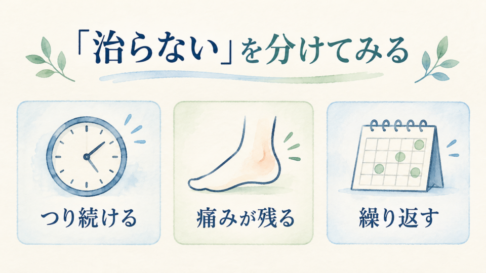 つり続ける、痛みが残る、繰り返すの三つに分けた図
