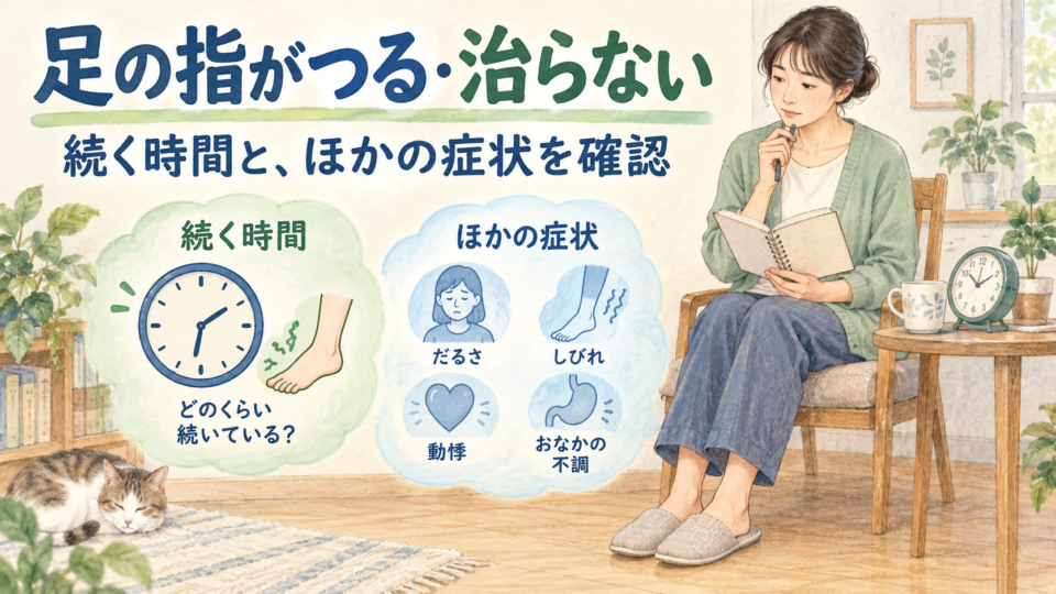 足の指がつる時間やほかの症状を手帳で確認する女性
