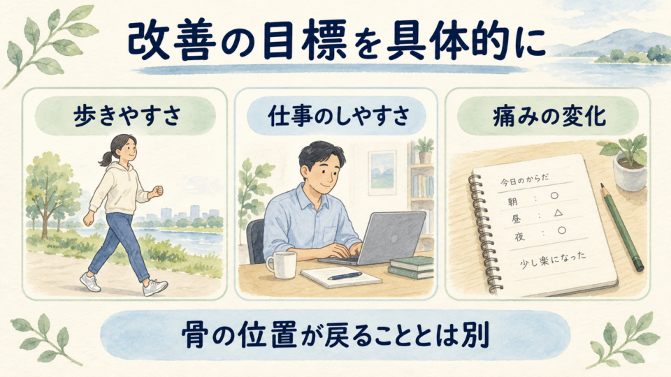 歩きやすさ、仕事のしやすさ、痛みの変化を運動の目標として示す図