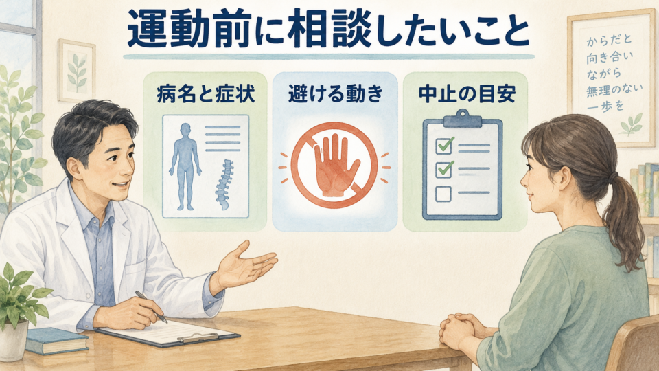 運動前に病名と症状、避ける動き、中止の目安を相談する図