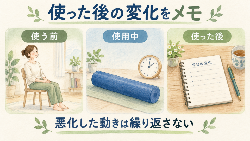 ポールを使う前、使用中、使った後に分けて変化を記録する図