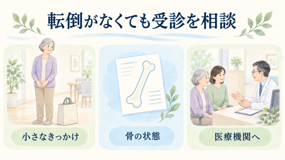 転倒が見当たらない場合でも骨の状態を医療機関で確認する図